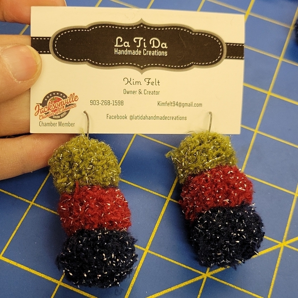 Fuzz Ball Earrings Red Green & Blue